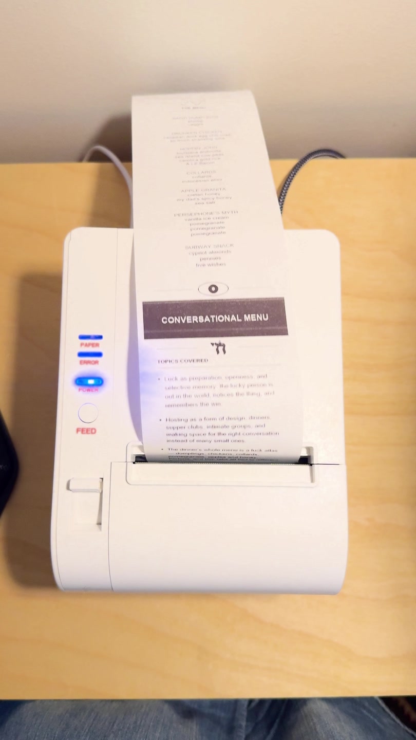 The conversational menu printing beneath the meal menu
