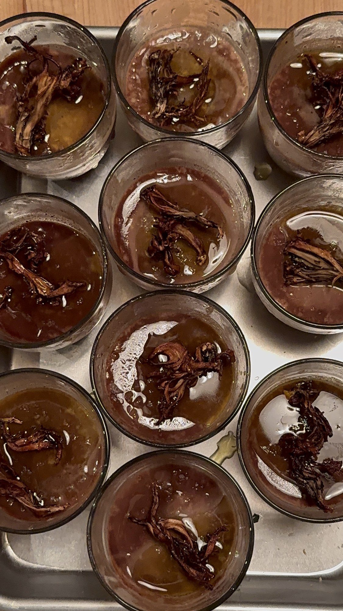 Chocolate and mushroom budino ready to serve