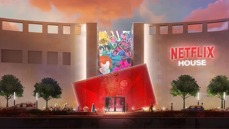 Netflix House exterior with its red entrance and illuminated sign